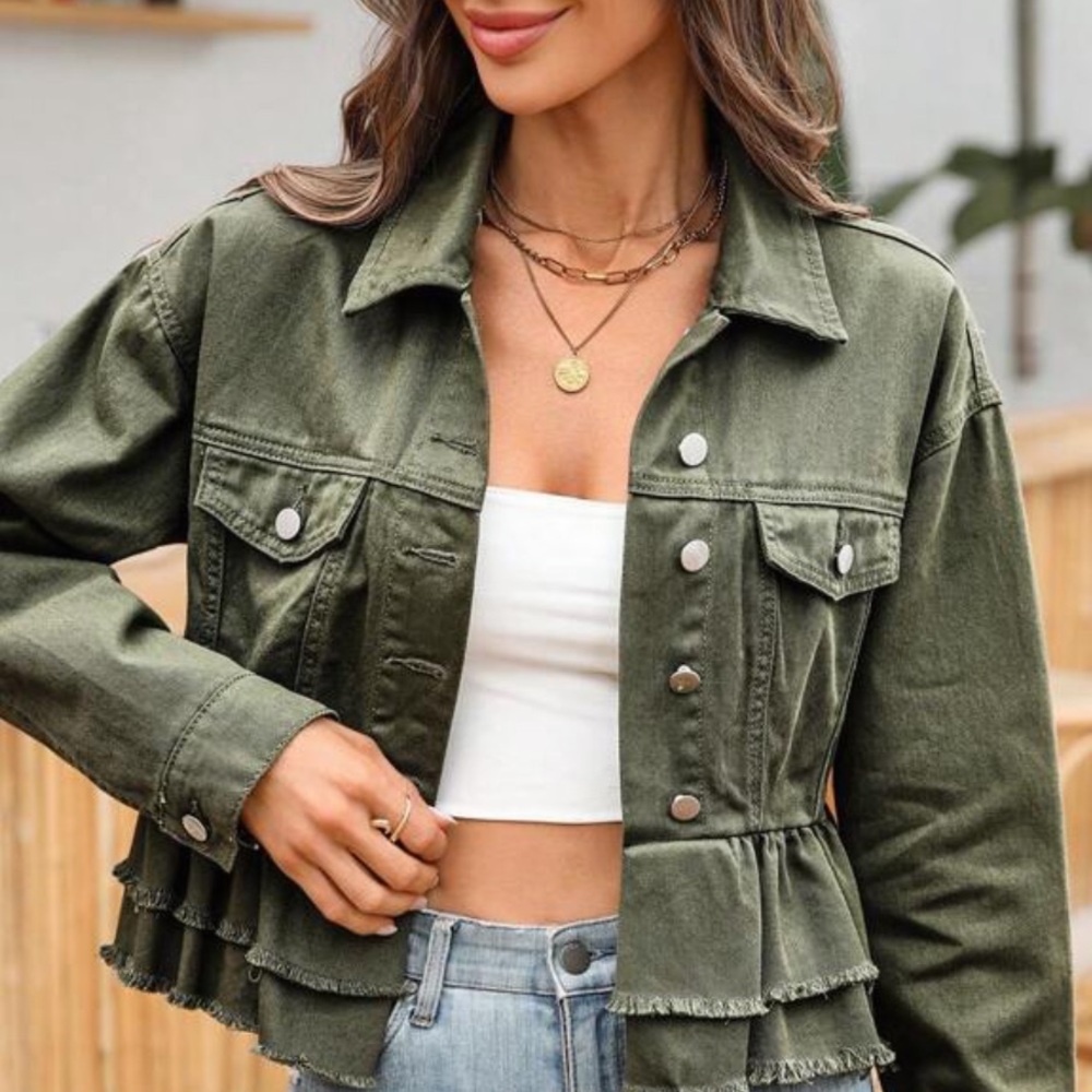 SHEIN Olive Utility Jacket with Ruffle Detail